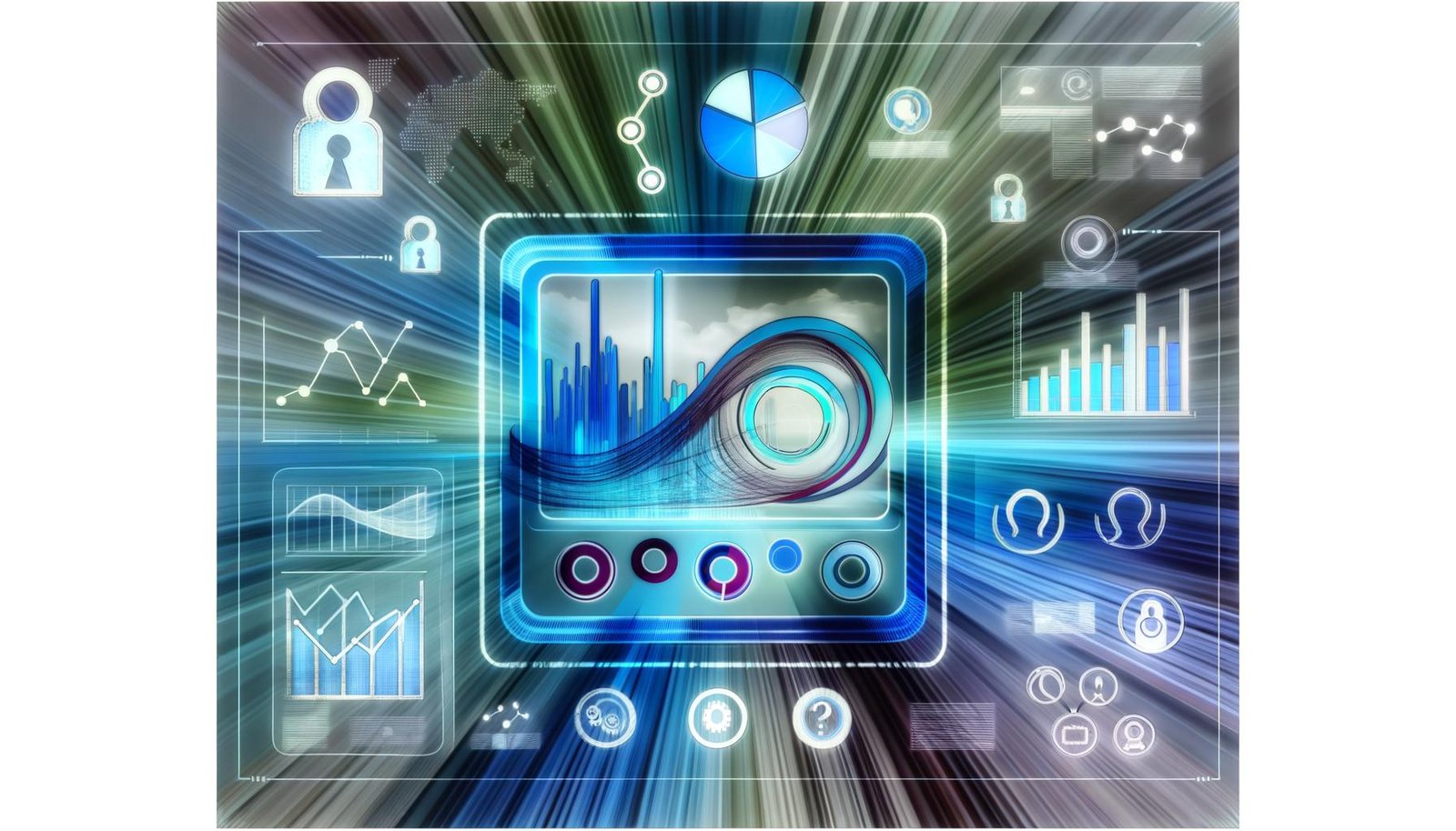 Stilisiertes User-Analytics-Dashboard mit bunten Diagrammen, Heatmaps, Funnel-Charts und abstrakten Nutzerströmen in modernen Farben, ergänzt durch Datenschutz- und Cookie-Symbole im Hintergrund.
