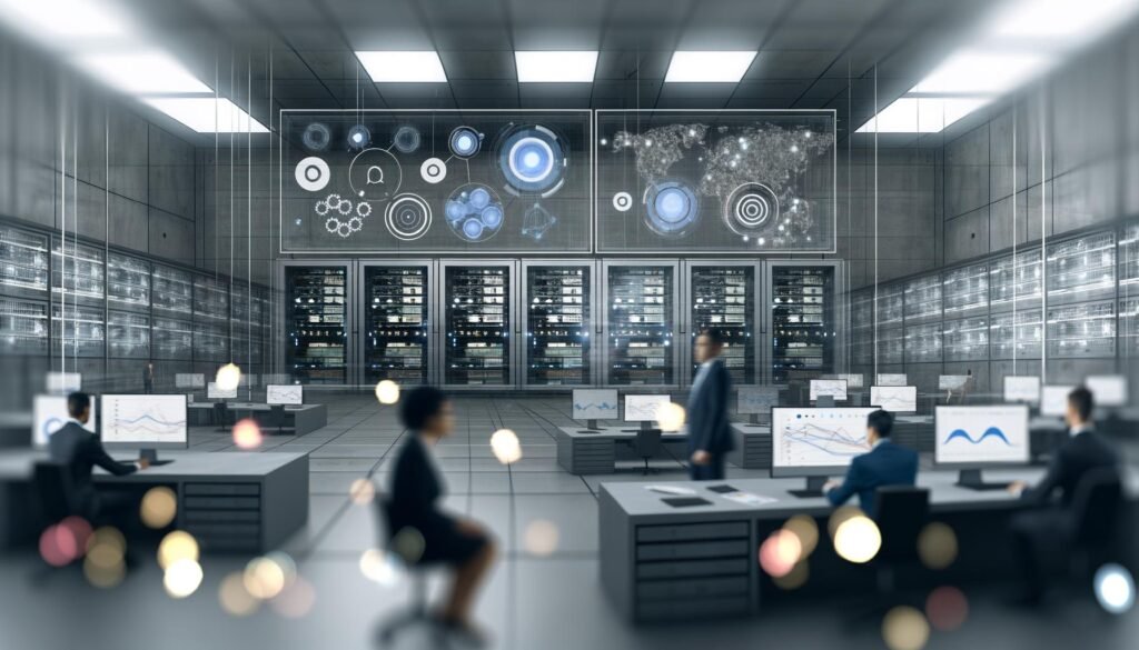 Moderner, düsterer Maschinenraum mit Datenservern, Kontrollleuchten und mehreren Bildschirmen, die komplexe Diagramme und User-Flows anzeigen. Holografische Analysen schweben im Raum, im Hintergrund arbeitet ein Marketing-Team.