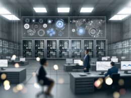 Moderner, düsterer Maschinenraum mit Datenservern, Kontrollleuchten und mehreren Bildschirmen, die komplexe Diagramme und User-Flows anzeigen. Holografische Analysen schweben im Raum, im Hintergrund arbeitet ein Marketing-Team.