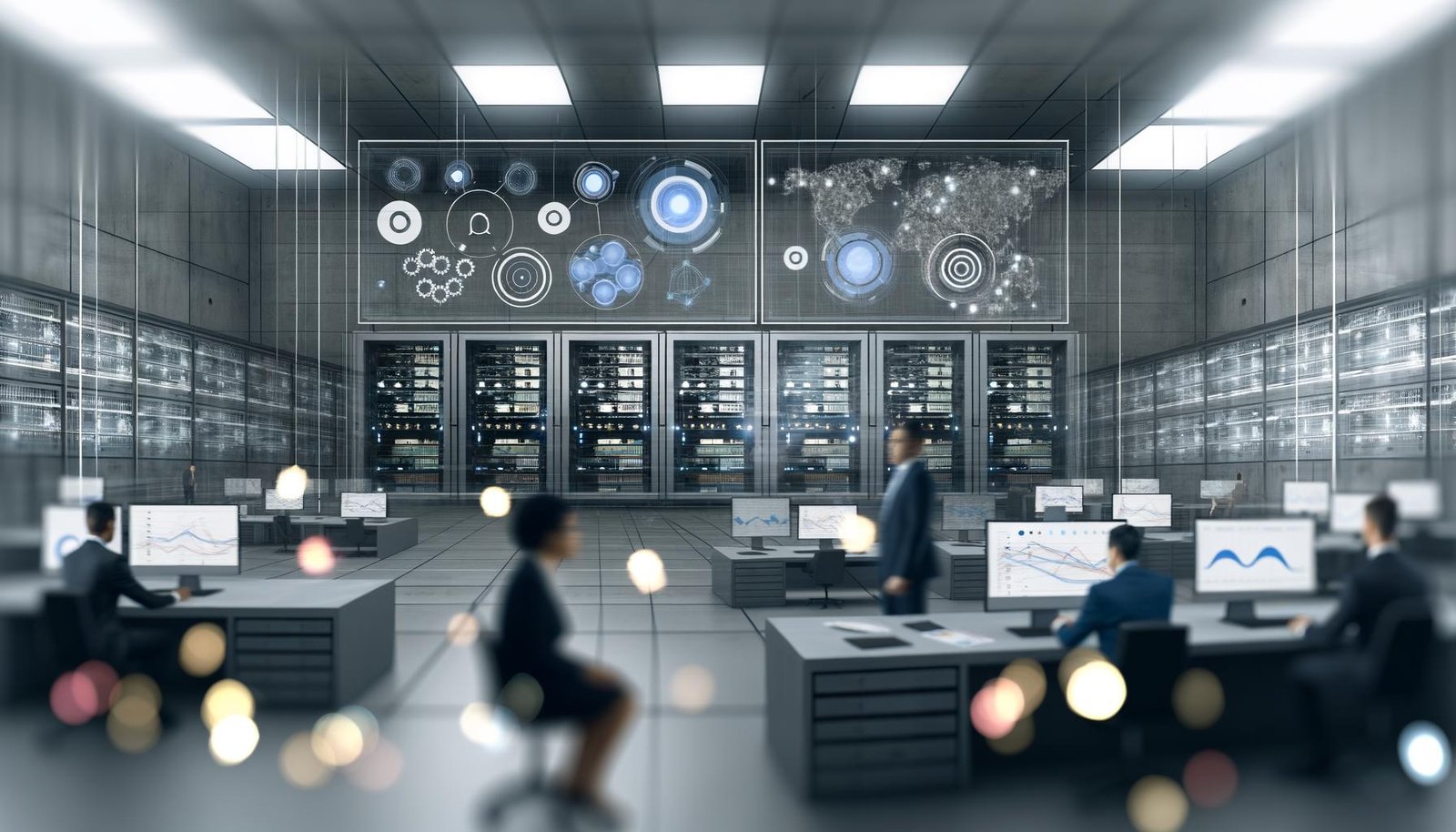 Moderner, düsterer Maschinenraum mit Datenservern, Kontrollleuchten und mehreren Bildschirmen, die komplexe Diagramme und User-Flows anzeigen. Holografische Analysen schweben im Raum, im Hintergrund arbeitet ein Marketing-Team.