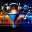 Abstrahierter Marketing-Funnel mit Audioelementen, Avataren und digitalen Analytics-Symbolen in leuchtenden Farben auf dynamischer Titelseite.