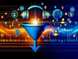 Abstrahierter Marketing-Funnel mit Audioelementen, Avataren und digitalen Analytics-Symbolen in leuchtenden Farben auf dynamischer Titelseite.