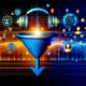 Abstrahierter Marketing-Funnel mit Audioelementen, Avataren und digitalen Analytics-Symbolen in leuchtenden Farben auf dynamischer Titelseite.