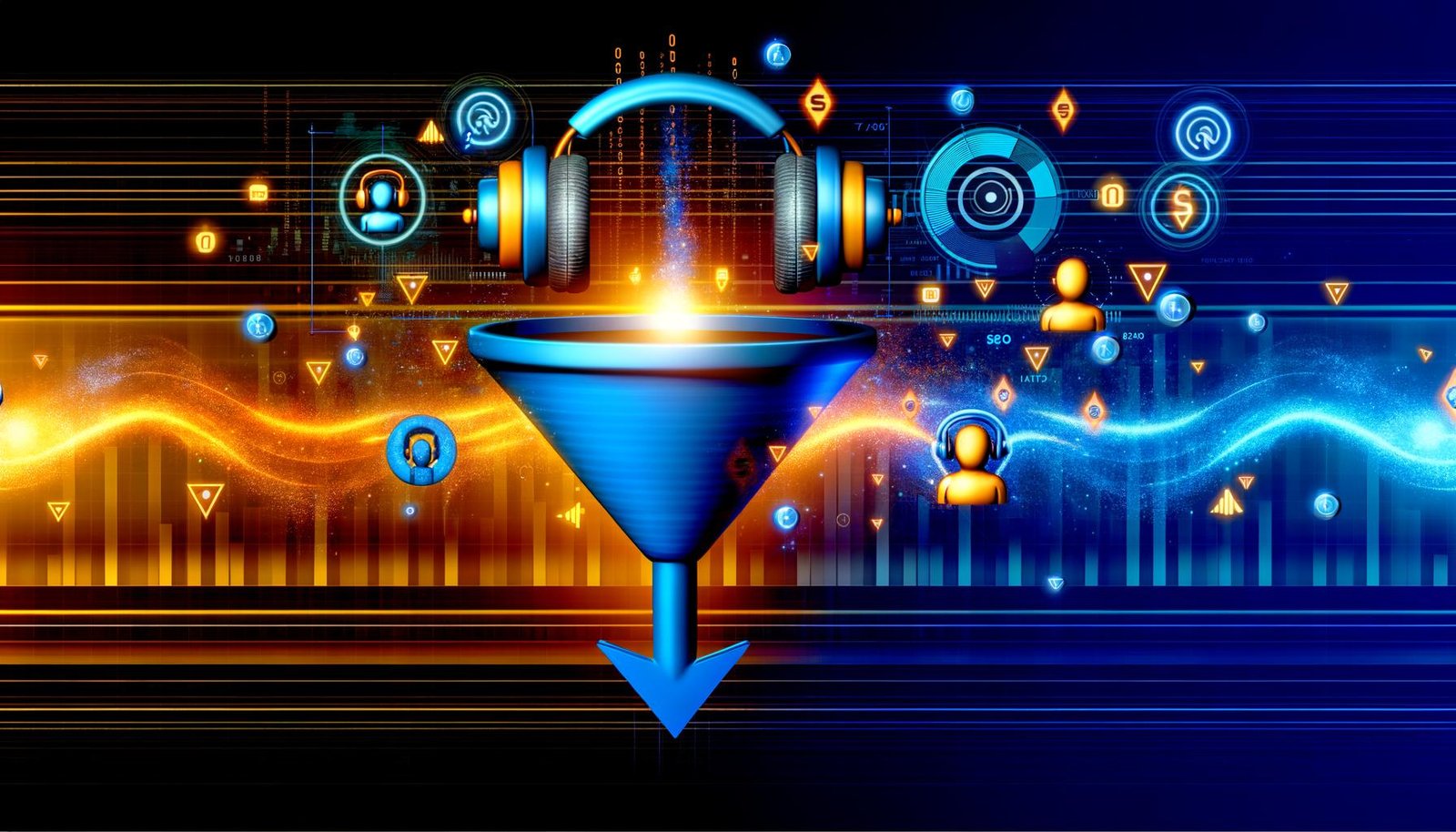 Abstrahierter Marketing-Funnel mit Audioelementen, Avataren und digitalen Analytics-Symbolen in leuchtenden Farben auf dynamischer Titelseite.