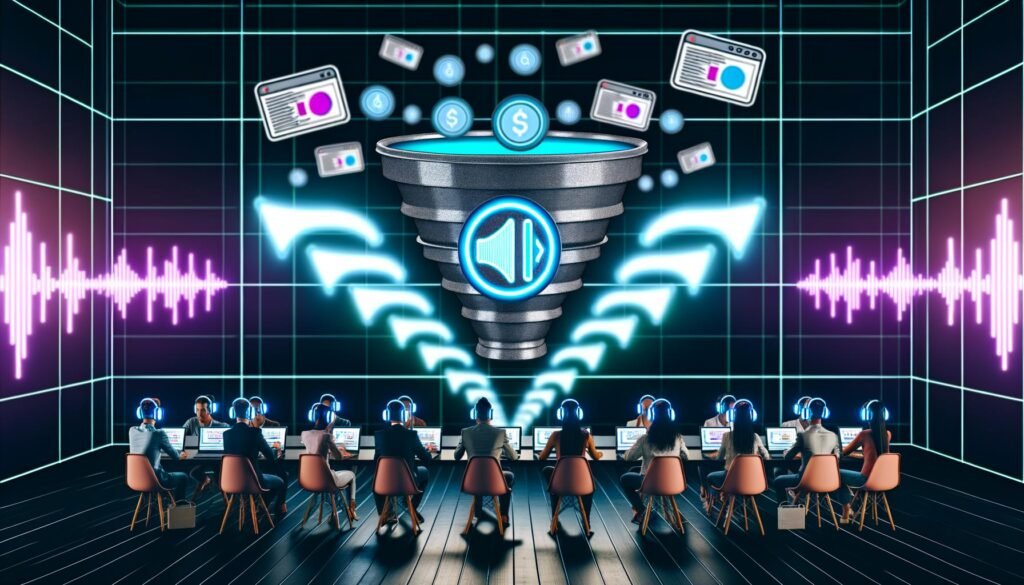 Digitales Marketing-War-Room mit diverser Gruppe an Marketers, Audible-Logo, Neon-Funnel-Grafiken, Audiowellenformen und modernen Datendiagrammen.