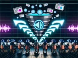 Digitales Marketing-War-Room mit diverser Gruppe an Marketers, Audible-Logo, Neon-Funnel-Grafiken, Audiowellenformen und modernen Datendiagrammen.