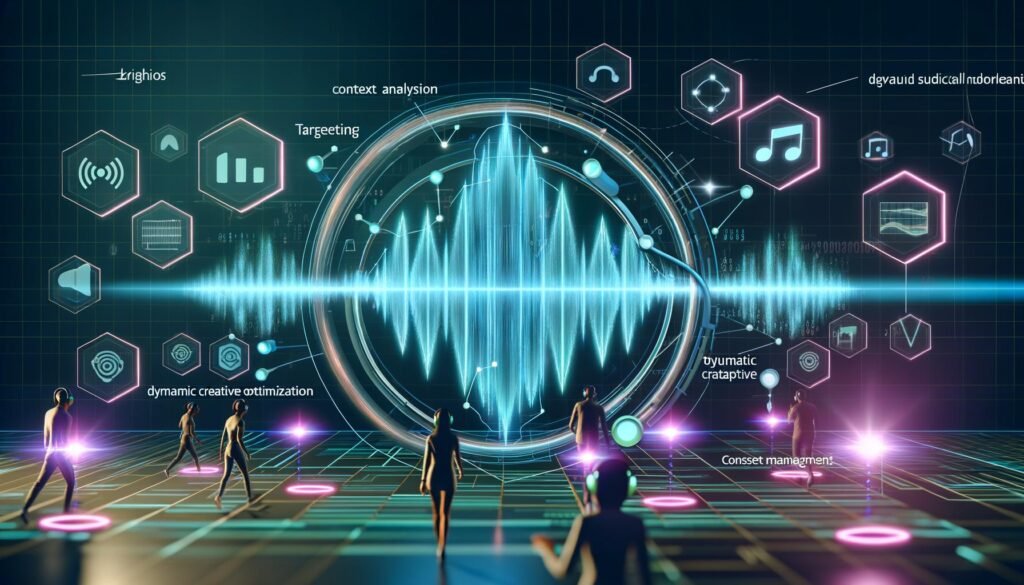Futuristische, digitale Visualisierung einer Audio-Marketing-Landschaft mit leuchtenden Audiowellen, Icons für Targeting, Echtzeit-Datenanalyse, Nutzern mit Kopfhörern und komplexen Datenstrukturen.