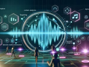 Futuristische, digitale Visualisierung einer Audio-Marketing-Landschaft mit leuchtenden Audiowellen, Icons für Targeting, Echtzeit-Datenanalyse, Nutzern mit Kopfhörern und komplexen Datenstrukturen.