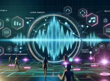 Futuristische, digitale Visualisierung einer Audio-Marketing-Landschaft mit leuchtenden Audiowellen, Icons für Targeting, Echtzeit-Datenanalyse, Nutzern mit Kopfhörern und komplexen Datenstrukturen.