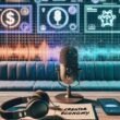Futuristischer Podcast-Arbeitsplatz mit Podcaster am Mikrofon, digitalen Visualisierungen, Audible-Logos, KI-Algorithmen und Notizblock mit 'Creator Economy'-Handschrift.