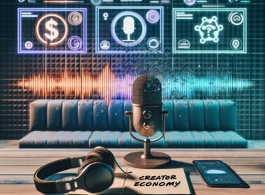 Futuristischer Podcast-Arbeitsplatz mit Podcaster am Mikrofon, digitalen Visualisierungen, Audible-Logos, KI-Algorithmen und Notizblock mit 'Creator Economy'-Handschrift.
