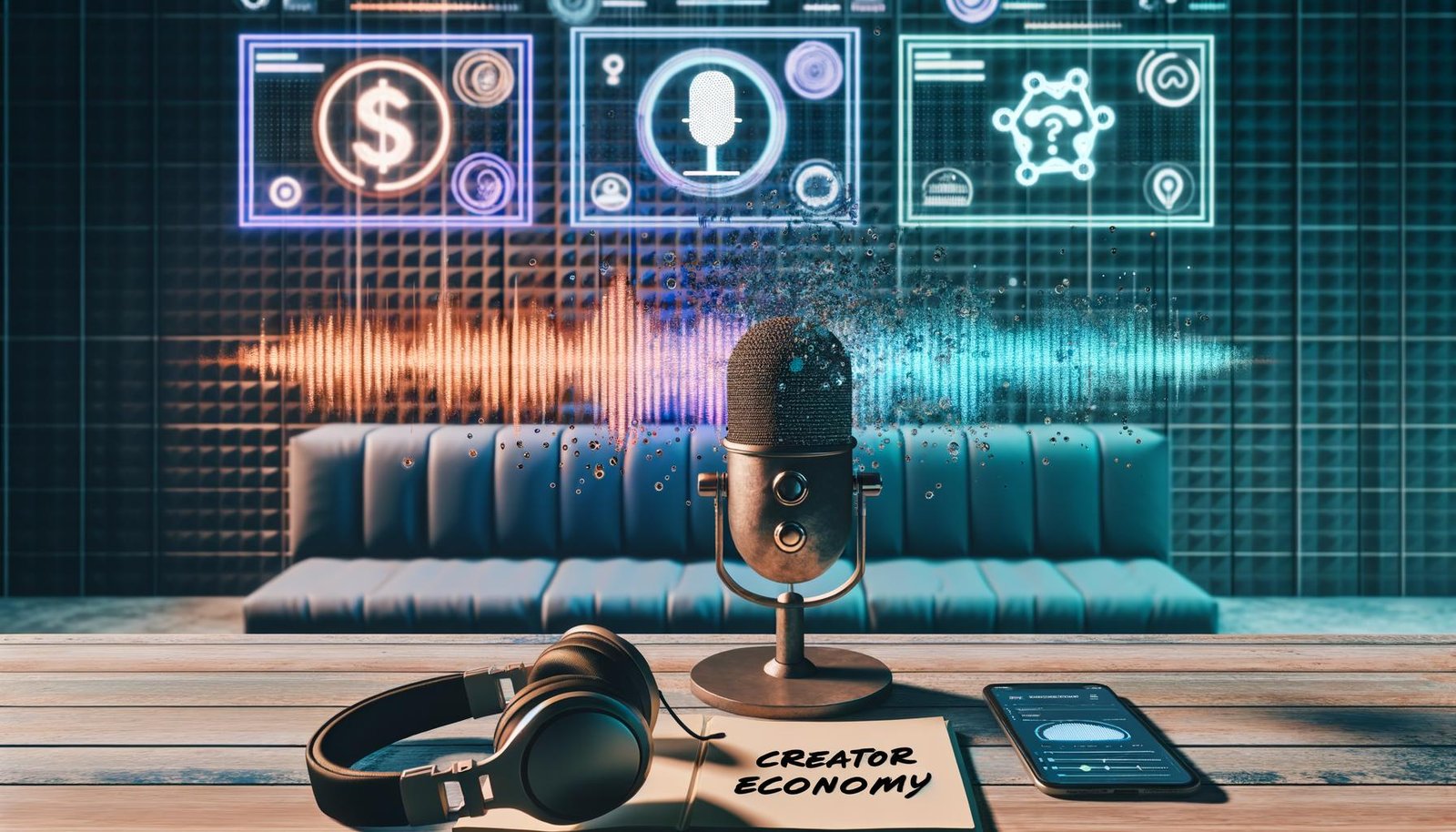 Futuristischer Podcast-Arbeitsplatz mit Podcaster am Mikrofon, digitalen Visualisierungen, Audible-Logos, KI-Algorithmen und Notizblock mit 'Creator Economy'-Handschrift.