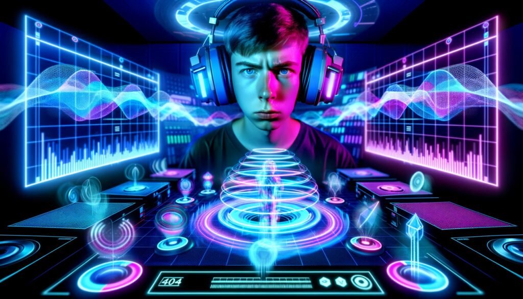 Junger Mensch mit modernen Kopfhörern in futuristischem Soundstudio, umgeben von pulsierenden Neonlichtern und holografischen 3D-Klangwellen, im Hintergrund virtuelle Schaltflächen mit technischen Audiobegriffen.