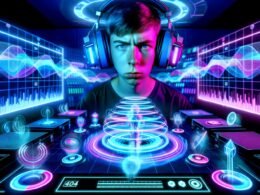 Junger Mensch mit modernen Kopfhörern in futuristischem Soundstudio, umgeben von pulsierenden Neonlichtern und holografischen 3D-Klangwellen, im Hintergrund virtuelle Schaltflächen mit technischen Audiobegriffen.