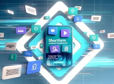 Titelbild mit einem Smartphone, Social-Media-Apps auf dem Display, schwebende Cards mit Video-Thumbnails und Infografiken, dazu moderne digitale Farben und dynamische Designelemente.
