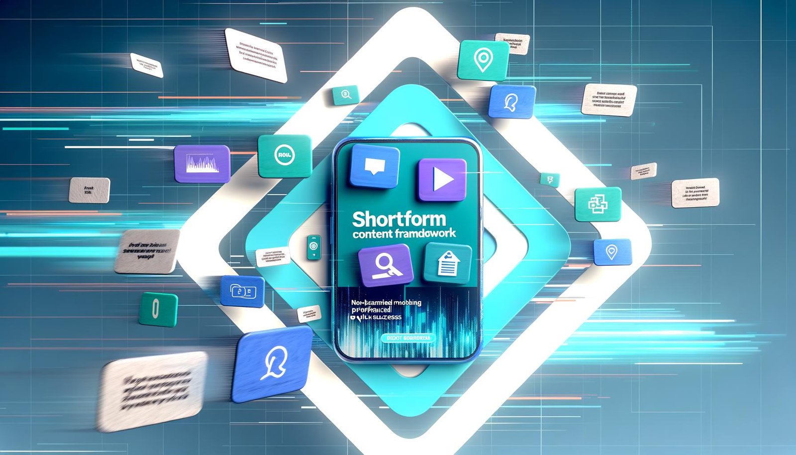 Titelbild mit einem Smartphone, Social-Media-Apps auf dem Display, schwebende Cards mit Video-Thumbnails und Infografiken, dazu moderne digitale Farben und dynamische Designelemente.