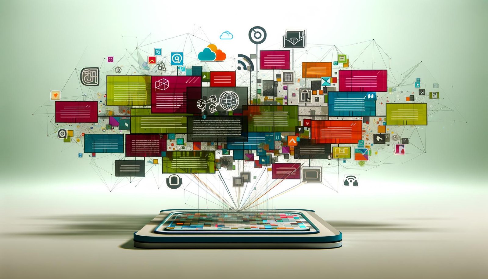 Dynamische Collage moderner Shortform-Inhalte mit Reels, Microblogs, Infografiken und FAQ-Boxen, verbunden auf einem cleanen, technologischen Interface mit API-, Cloud- und SEO-Icons im Hintergrund.