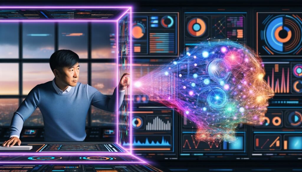 Szene in einem futuristischen digitalen Maschinenraum: links ein konzentrierter Mensch am Touch-Display, rechts abstrakte, leuchtende KI-Strukturen mit Datenströmen und neuralen Netzen, getrennt durch eine halbtransparente, pulsierende Lichtlinie, umgeben von komplexen Grafiken und 3D-Datenfeldern.