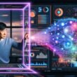 Szene in einem futuristischen digitalen Maschinenraum: links ein konzentrierter Mensch am Touch-Display, rechts abstrakte, leuchtende KI-Strukturen mit Datenströmen und neuralen Netzen, getrennt durch eine halbtransparente, pulsierende Lichtlinie, umgeben von komplexen Grafiken und 3D-Datenfeldern.