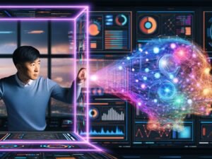 Szene in einem futuristischen digitalen Maschinenraum: links ein konzentrierter Mensch am Touch-Display, rechts abstrakte, leuchtende KI-Strukturen mit Datenströmen und neuralen Netzen, getrennt durch eine halbtransparente, pulsierende Lichtlinie, umgeben von komplexen Grafiken und 3D-Datenfeldern.