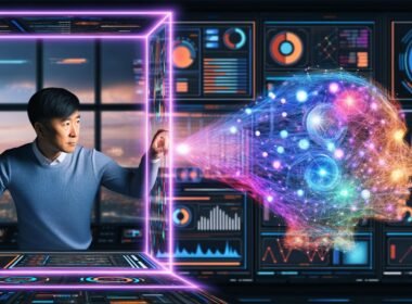 Szene in einem futuristischen digitalen Maschinenraum: links ein konzentrierter Mensch am Touch-Display, rechts abstrakte, leuchtende KI-Strukturen mit Datenströmen und neuralen Netzen, getrennt durch eine halbtransparente, pulsierende Lichtlinie, umgeben von komplexen Grafiken und 3D-Datenfeldern.