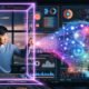 Szene in einem futuristischen digitalen Maschinenraum: links ein konzentrierter Mensch am Touch-Display, rechts abstrakte, leuchtende KI-Strukturen mit Datenströmen und neuralen Netzen, getrennt durch eine halbtransparente, pulsierende Lichtlinie, umgeben von komplexen Grafiken und 3D-Datenfeldern.