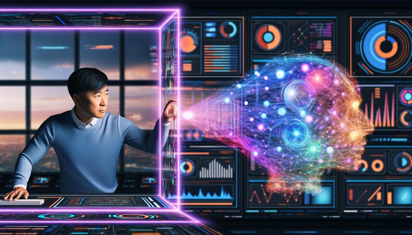 Szene in einem futuristischen digitalen Maschinenraum: links ein konzentrierter Mensch am Touch-Display, rechts abstrakte, leuchtende KI-Strukturen mit Datenströmen und neuralen Netzen, getrennt durch eine halbtransparente, pulsierende Lichtlinie, umgeben von komplexen Grafiken und 3D-Datenfeldern.