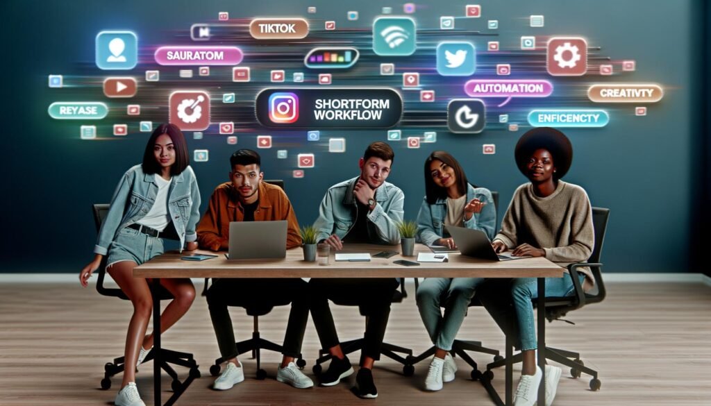 Junges, motiviertes Marketing-Team sitzt im modernen Büro um einen Tisch, nutzt Laptops und Smartphones mit populären Shortform-Plattformen und Notizblättern mit Stichwörtern wie Automatisierung, Kreativität und Effizienz auf dem Tisch.