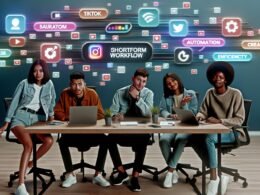 Junges, motiviertes Marketing-Team sitzt im modernen Büro um einen Tisch, nutzt Laptops und Smartphones mit populären Shortform-Plattformen und Notizblättern mit Stichwörtern wie Automatisierung, Kreativität und Effizienz auf dem Tisch.