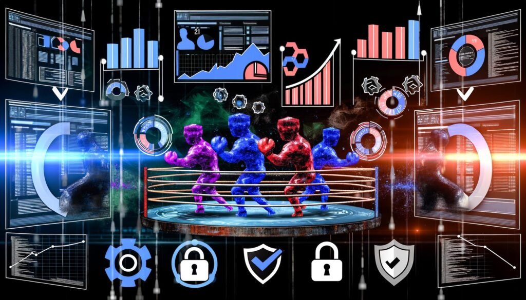 Collage aus Analytics-Dashboards mit Google Analytics, Matomo, Plausible, Piwik PRO und Adobe Analytics als Boxer im Boxring, DSGVO-Symbole und Entwickler im Hintergrund.