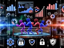Collage aus Analytics-Dashboards mit Google Analytics, Matomo, Plausible, Piwik PRO und Adobe Analytics als Boxer im Boxring, DSGVO-Symbole und Entwickler im Hintergrund.
