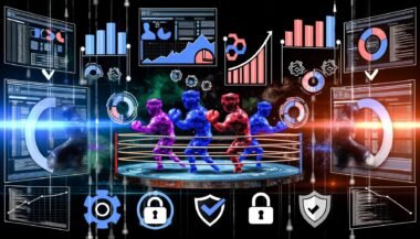 Collage aus Analytics-Dashboards mit Google Analytics, Matomo, Plausible, Piwik PRO und Adobe Analytics als Boxer im Boxring, DSGVO-Symbole und Entwickler im Hintergrund.