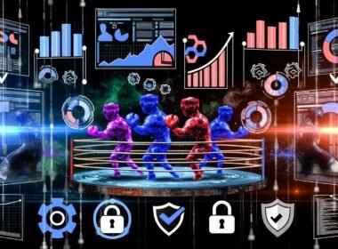 Collage aus Analytics-Dashboards mit Google Analytics, Matomo, Plausible, Piwik PRO und Adobe Analytics als Boxer im Boxring, DSGVO-Symbole und Entwickler im Hintergrund.