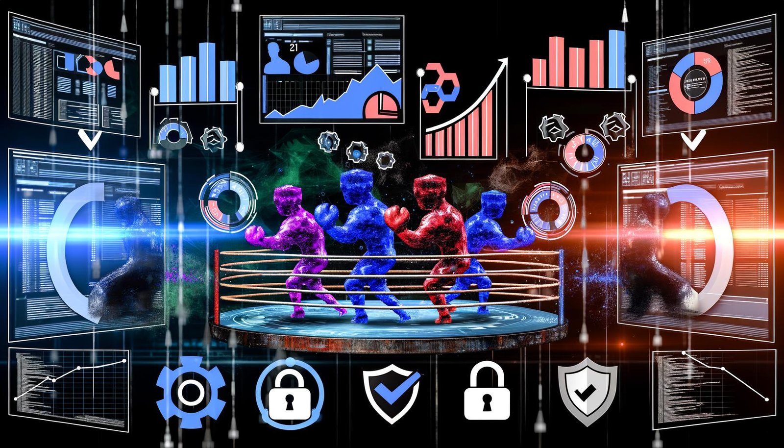Collage aus Analytics-Dashboards mit Google Analytics, Matomo, Plausible, Piwik PRO und Adobe Analytics als Boxer im Boxring, DSGVO-Symbole und Entwickler im Hintergrund.