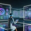 Futuristische Kommandozentrale mit transparenten Bildschirmen, farbigen Diagrammen, Social Media und SEO-Daten. Person mit Headset arbeitet effizient an Tablet und steuert Content mittels Sprachbefehl in moderner, neonbeleuchteter Umgebung.