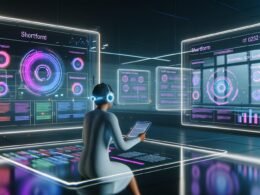 Futuristische Kommandozentrale mit transparenten Bildschirmen, farbigen Diagrammen, Social Media und SEO-Daten. Person mit Headset arbeitet effizient an Tablet und steuert Content mittels Sprachbefehl in moderner, neonbeleuchteter Umgebung.