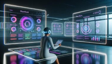 Futuristische Kommandozentrale mit transparenten Bildschirmen, farbigen Diagrammen, Social Media und SEO-Daten. Person mit Headset arbeitet effizient an Tablet und steuert Content mittels Sprachbefehl in moderner, neonbeleuchteter Umgebung.