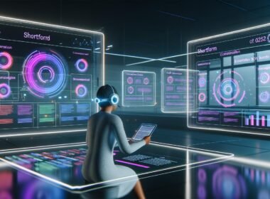 Futuristische Kommandozentrale mit transparenten Bildschirmen, farbigen Diagrammen, Social Media und SEO-Daten. Person mit Headset arbeitet effizient an Tablet und steuert Content mittels Sprachbefehl in moderner, neonbeleuchteter Umgebung.