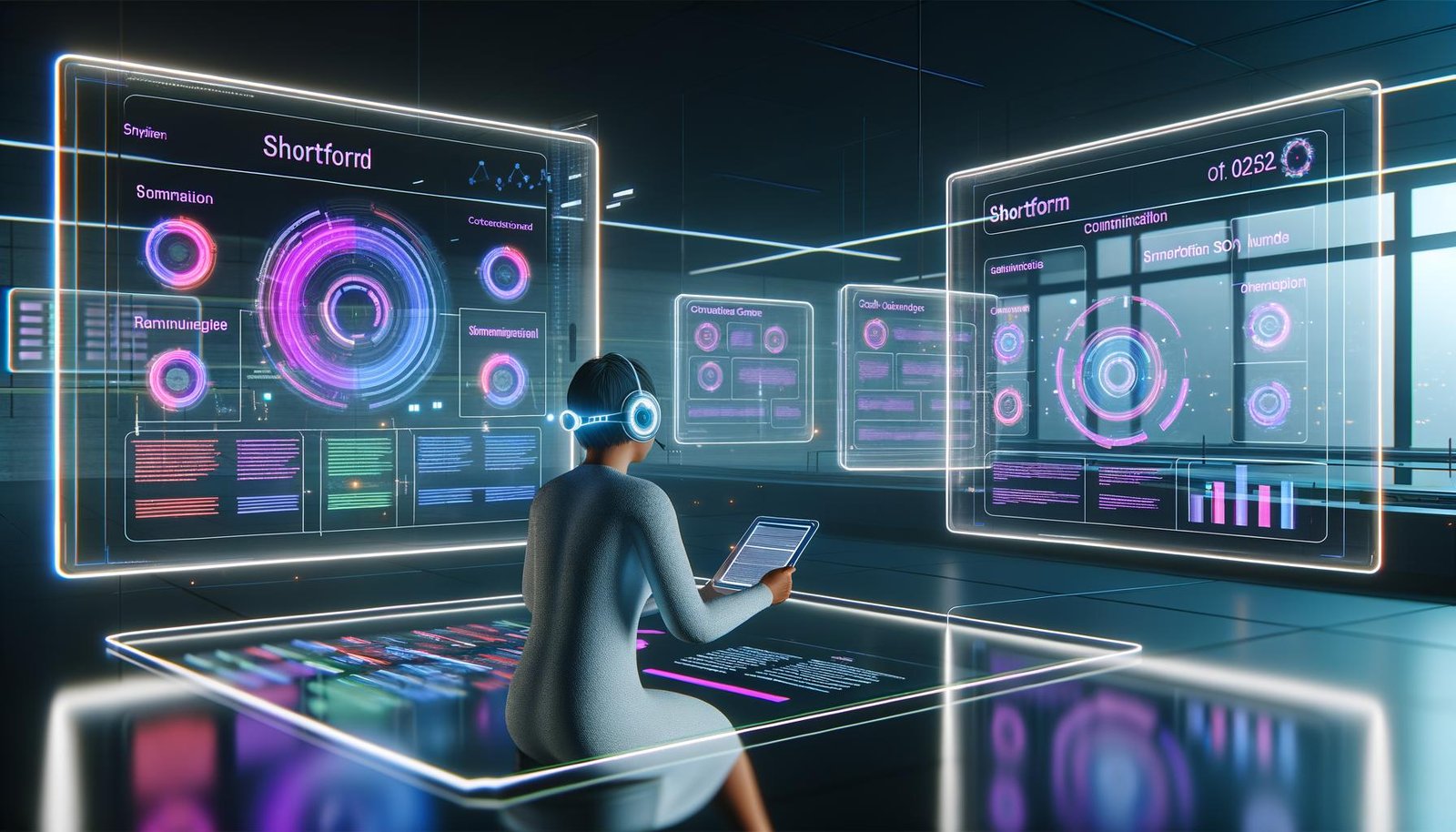 Futuristische Kommandozentrale mit transparenten Bildschirmen, farbigen Diagrammen, Social Media und SEO-Daten. Person mit Headset arbeitet effizient an Tablet und steuert Content mittels Sprachbefehl in moderner, neonbeleuchteter Umgebung.