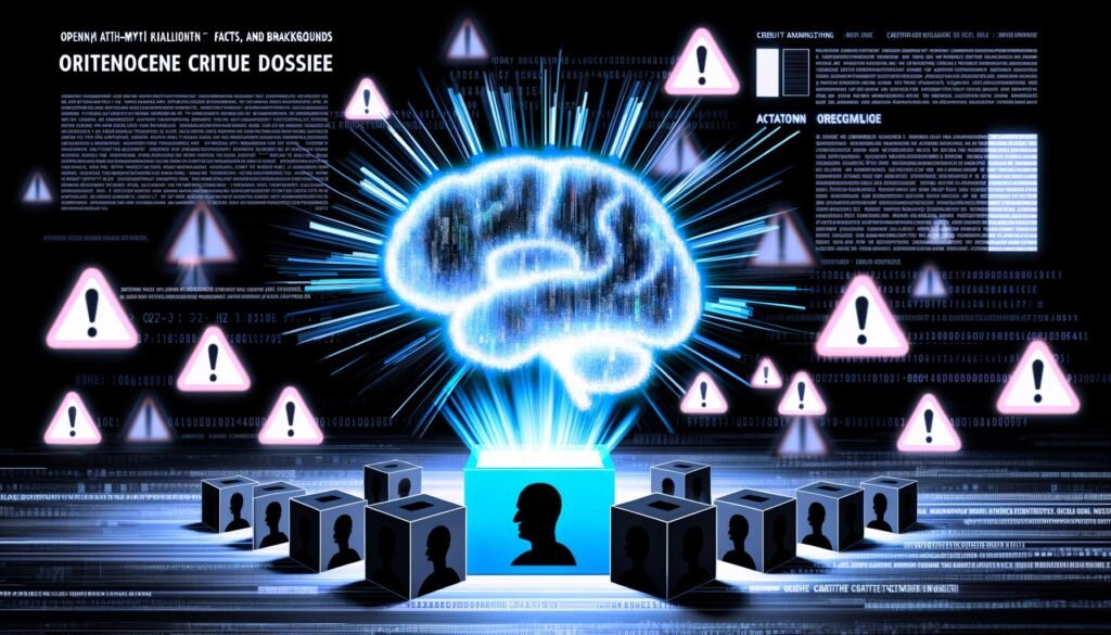 Düsteres Tech-Magazin-Cover mit leuchtendem digitalen Gehirn, schwarzen Boxen und fragmentierten Firmenlogos von OpenAI und Microsoft, überlagert von Fragezeichen und Warnsymbolen.
