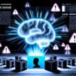 Düsteres Tech-Magazin-Cover mit leuchtendem digitalen Gehirn, schwarzen Boxen und fragmentierten Firmenlogos von OpenAI und Microsoft, überlagert von Fragezeichen und Warnsymbolen.