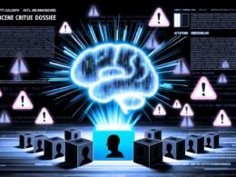 Düsteres Tech-Magazin-Cover mit leuchtendem digitalen Gehirn, schwarzen Boxen und fragmentierten Firmenlogos von OpenAI und Microsoft, überlagert von Fragezeichen und Warnsymbolen.
