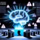 Düsteres Tech-Magazin-Cover mit leuchtendem digitalen Gehirn, schwarzen Boxen und fragmentierten Firmenlogos von OpenAI und Microsoft, überlagert von Fragezeichen und Warnsymbolen.