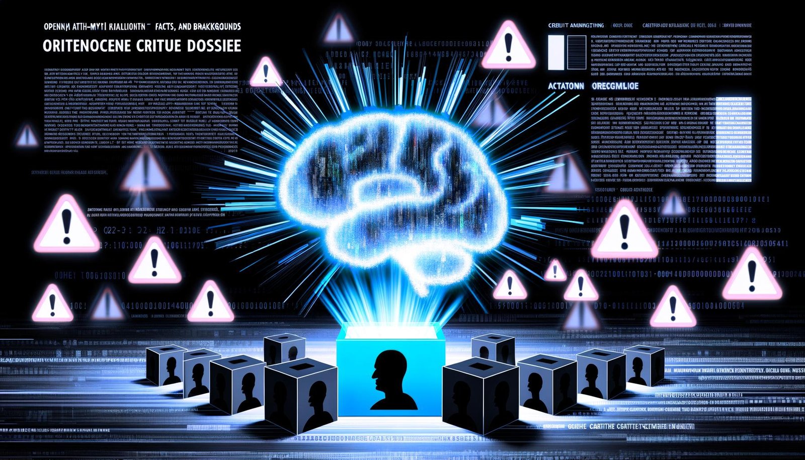 Düsteres Tech-Magazin-Cover mit leuchtendem digitalen Gehirn, schwarzen Boxen und fragmentierten Firmenlogos von OpenAI und Microsoft, überlagert von Fragezeichen und Warnsymbolen.