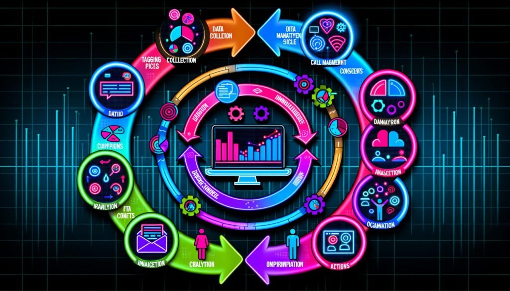 Dynamische Illustration eines User-Analytics-Workflows mit fünf Phasen um ein Dashboard, stilisiert mit bunten Grafiken, Analyse-Icons und modernen Technologie-Elementen.