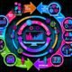 Dynamische Illustration eines User-Analytics-Workflows mit fünf Phasen um ein Dashboard, stilisiert mit bunten Grafiken, Analyse-Icons und modernen Technologie-Elementen.