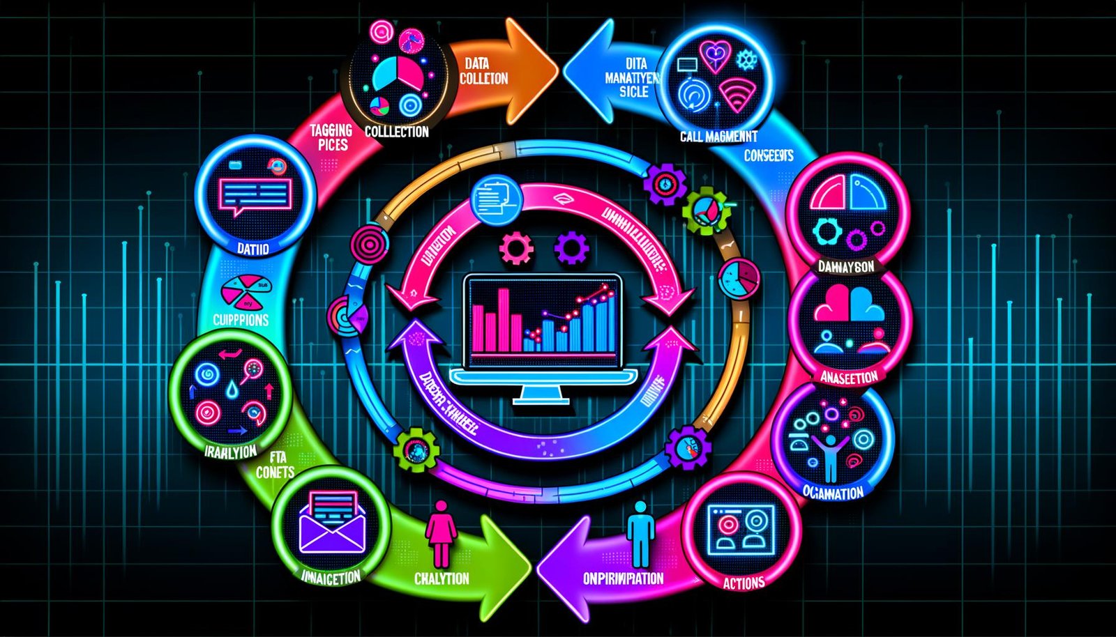 Dynamische Illustration eines User-Analytics-Workflows mit fünf Phasen um ein Dashboard, stilisiert mit bunten Grafiken, Analyse-Icons und modernen Technologie-Elementen.