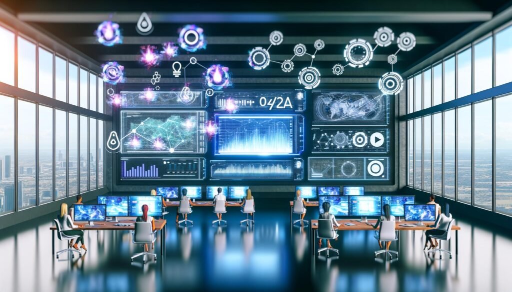 Futuristischer Arbeitsplatz mit mehreren Monitoren, interaktiven Dashboards, KI-Symbolen und Logos von TikTok, Reels und YouTube-Shorts, umgeben von Marketers bei der Datenanalyse.
