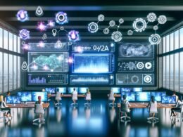 Futuristischer Arbeitsplatz mit mehreren Monitoren, interaktiven Dashboards, KI-Symbolen und Logos von TikTok, Reels und YouTube-Shorts, umgeben von Marketers bei der Datenanalyse.
