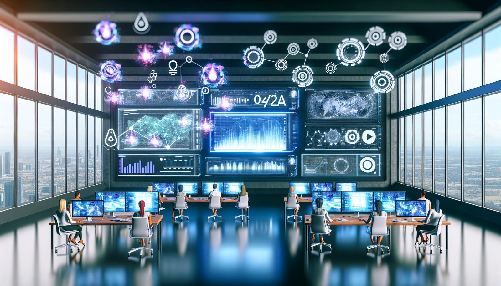 Futuristischer Arbeitsplatz mit mehreren Monitoren, interaktiven Dashboards, KI-Symbolen und Logos von TikTok, Reels und YouTube-Shorts, umgeben von Marketers bei der Datenanalyse.